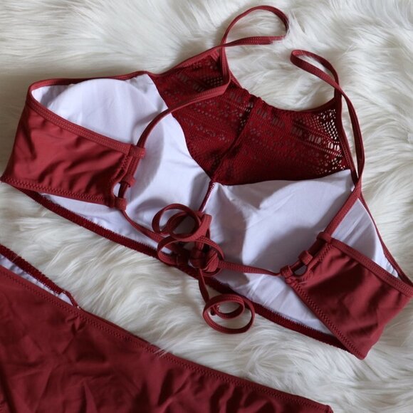 NEW Red Wine Red Lace Crochet Bohemian Boho Bikini Swim Set Size XXL - Picture 6 of 9
